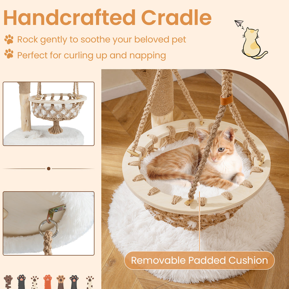 Handcrafted cradle with removable padded cushion for calming pets, part of a 48.5-inch solid wood cat tree.