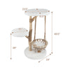 Solid wood cat tree with a hanging cradle, plush platforms, and jute scratching post for pet comfort and play.