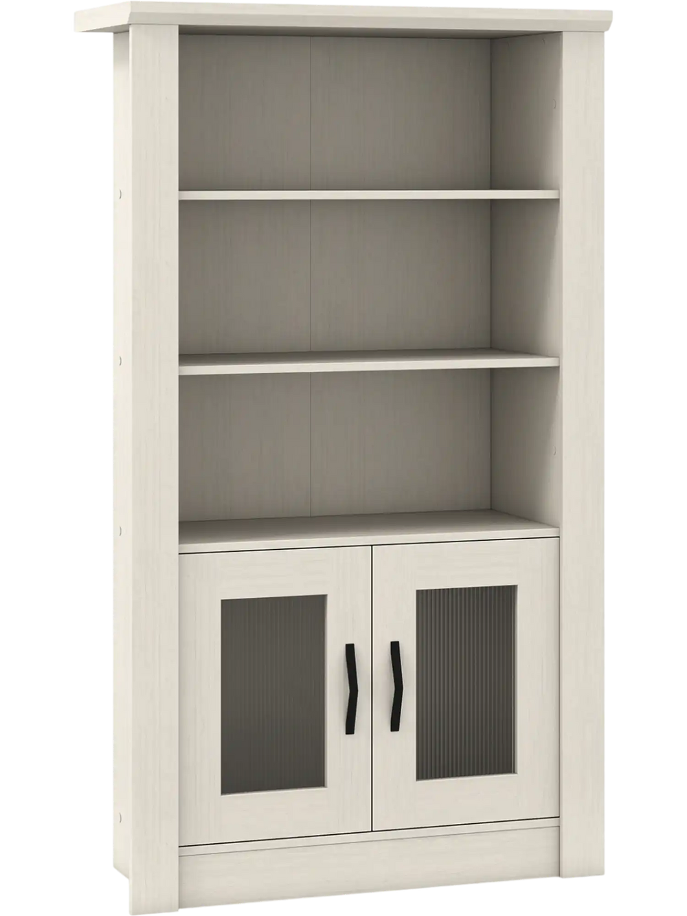 Modern 48.5" white bookcase features 4 tiers, 2 translucent fluted doors, and ample storage for books and decor.