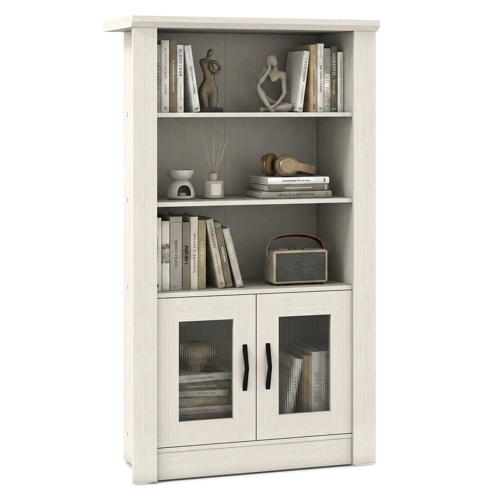 Modern 48.5" white bookcase featuring 4 tiers, 2 translucent fluted doors, and ample storage for books and decor.