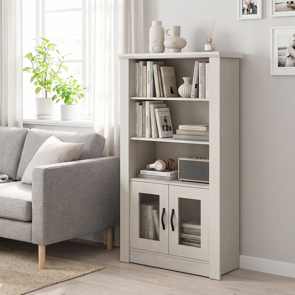 Modern 48.5" white bookcase showcasing 3 open shelves and stylish translucent fluted doors for versatile storage solutions.