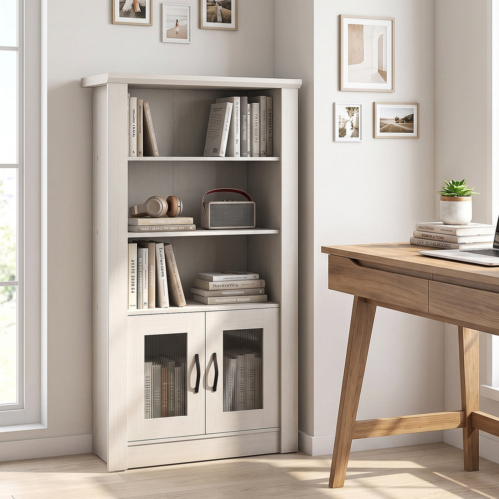 Modern 48.5" white bookcase with 4 tiers, 2 translucent fluted doors, and ample storage for books and decor.