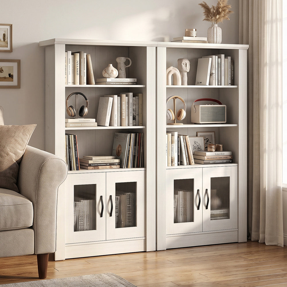Modern 48.5" white bookcase with 4 tiers, translucent fluted doors, and ample storage for books and decor.