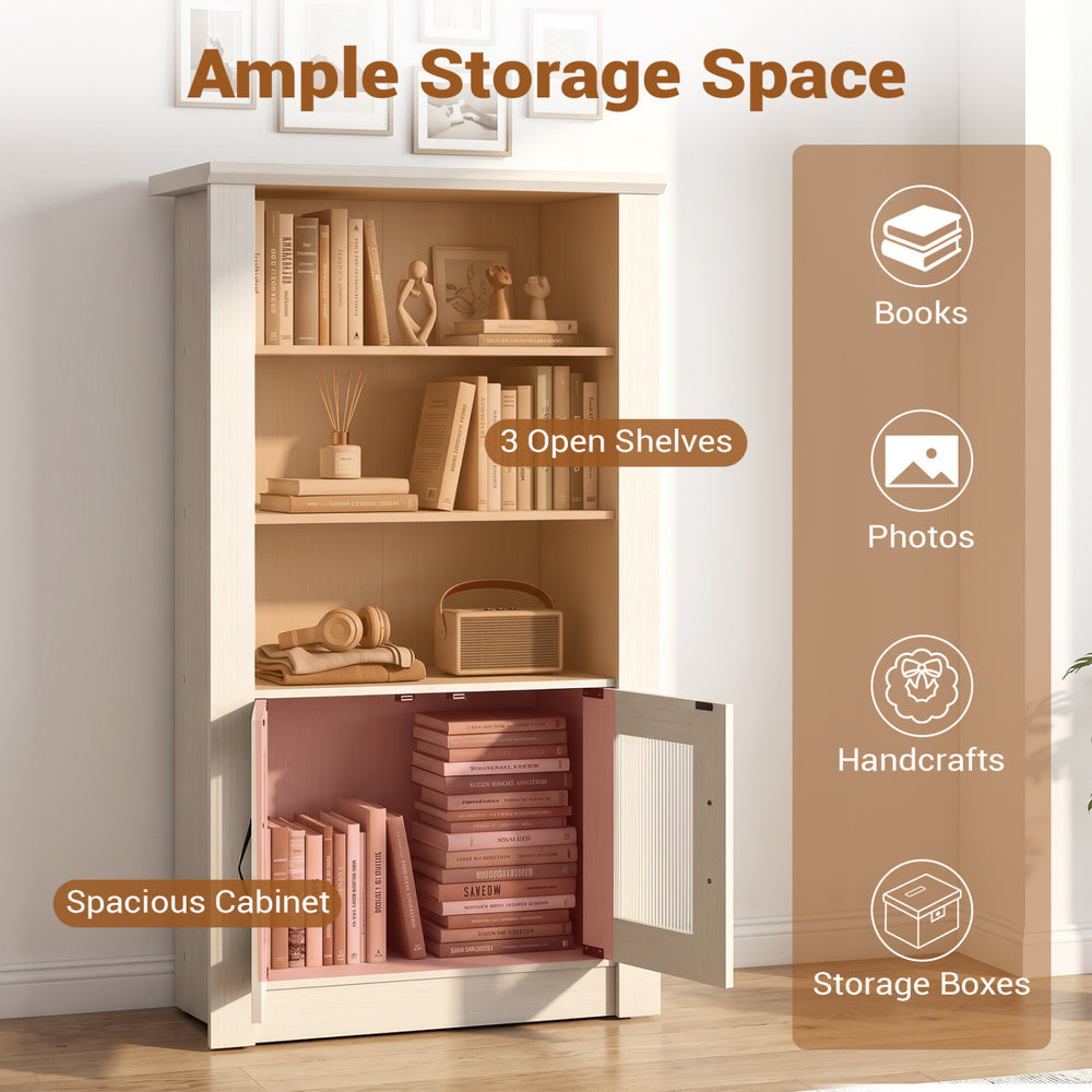 Modern 48.5" white bookcase features 3 open shelves and a spacious cabinet with translucent fluted doors for stylish storage.