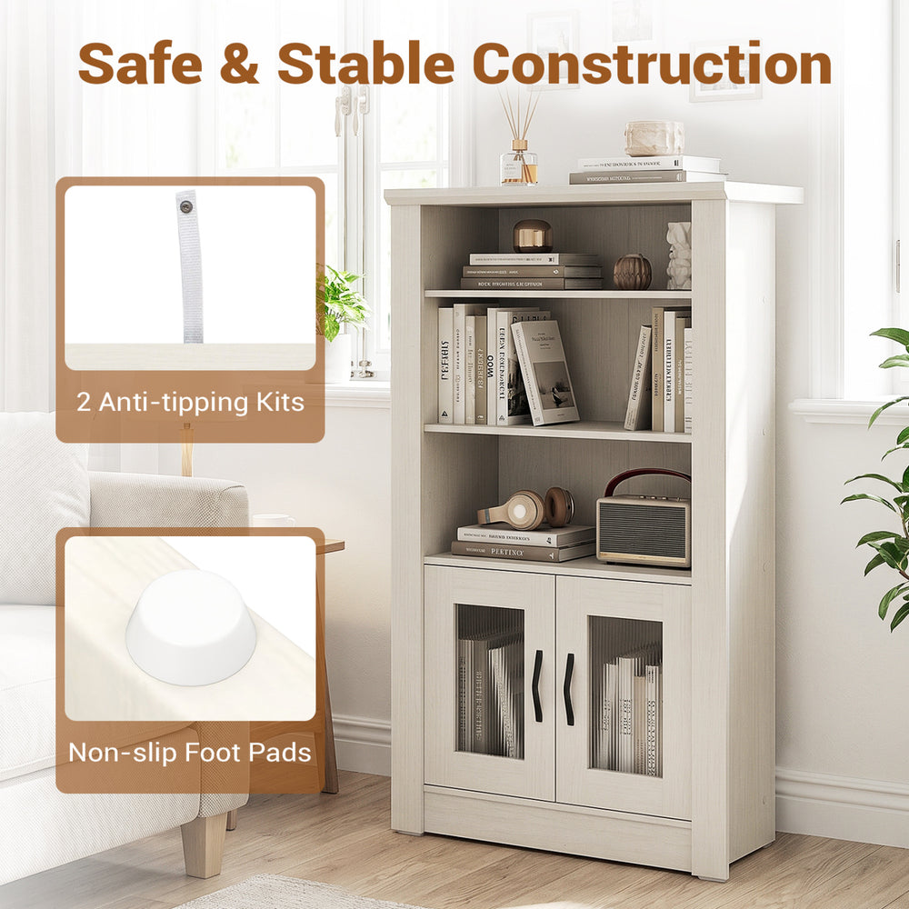 Modern 48.5" white bookcase with 4 tiers, translucent fluted doors, and anti-tipping kits for safe storage.