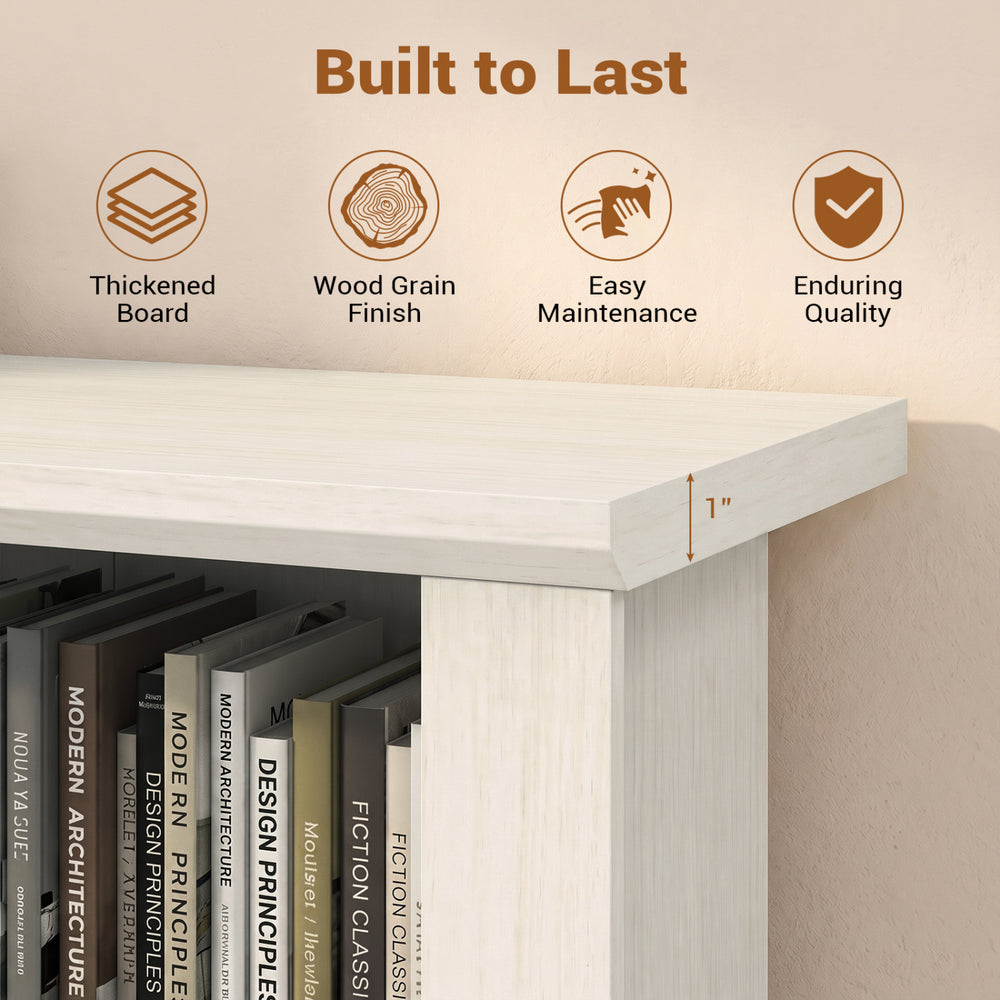 Close-up of the 1" thickened board of the 48.5" modern bookcase with a wood grain finish for easy maintenance.