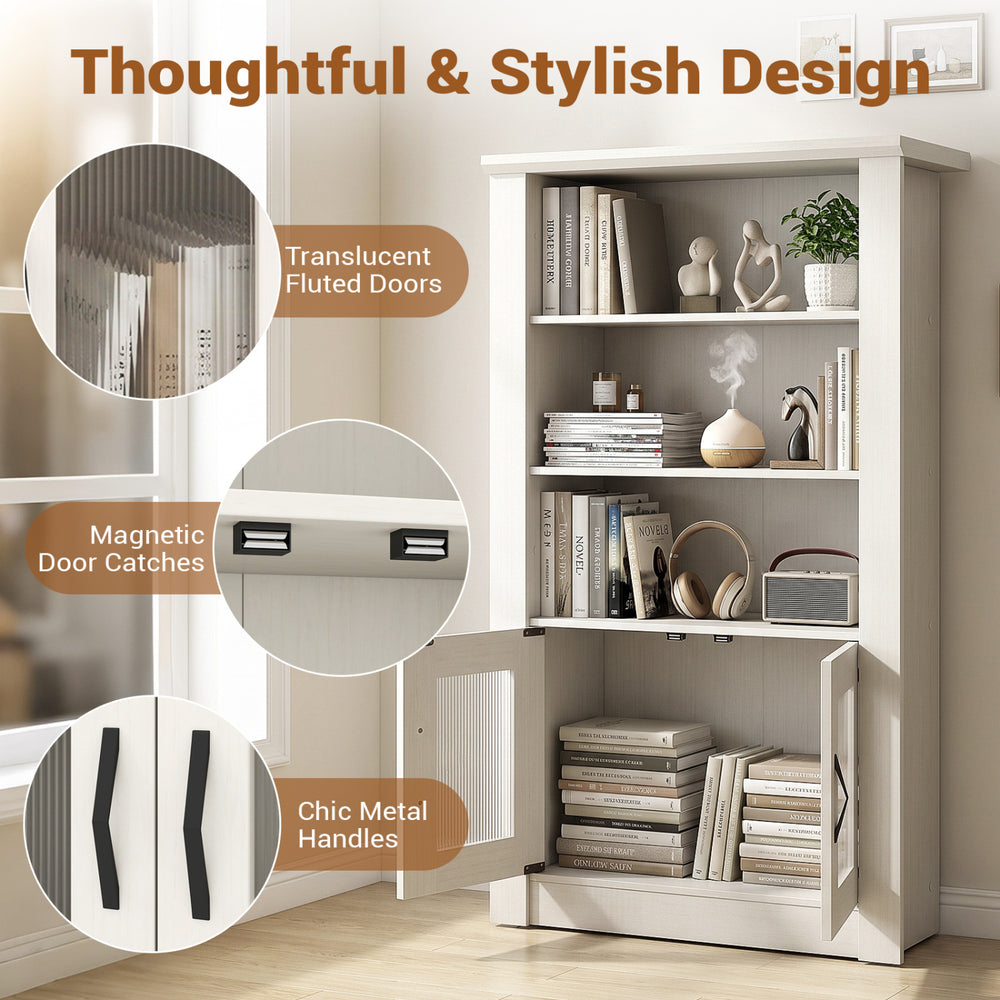 Modern 48.5" white bookcase with 4 tiers, translucent fluted doors, and chic metal handles for stylish storage.