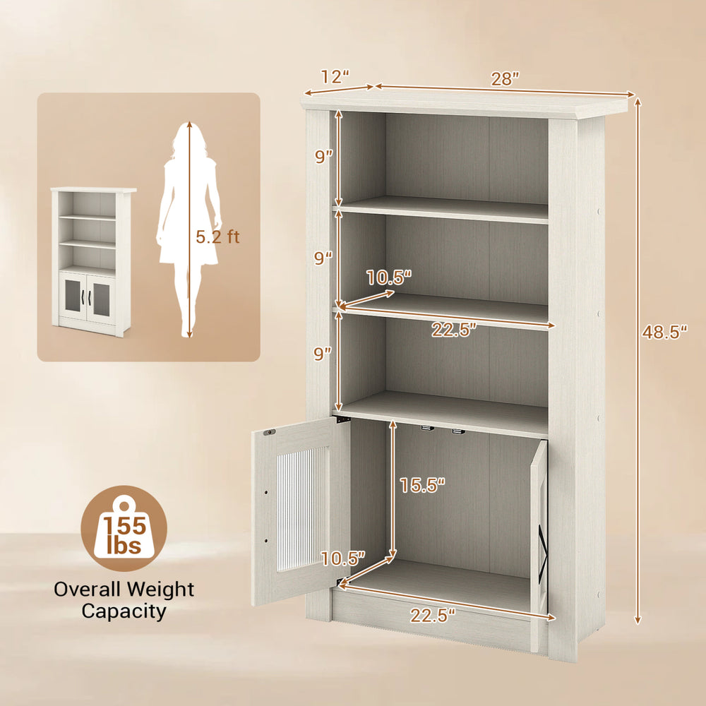 Modern 48.5" white bookcase with 4 tiers, 2 translucent fluted doors, and anti-tipping kits for stable storage.