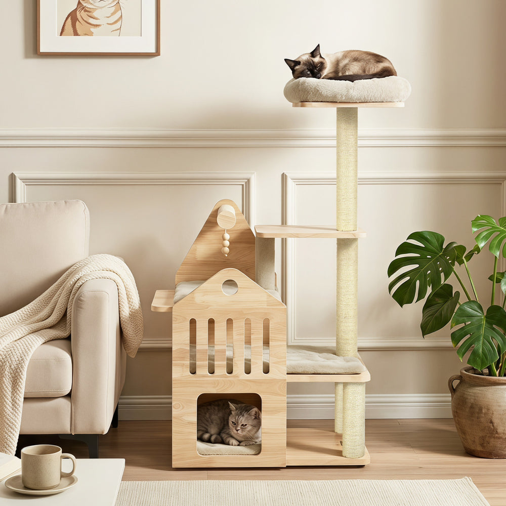 48.5" Multi-Level Solid Wood Cat Tree for Indoor Cats with Padded Top Perch Cat Condo and Sisal Scratching Posts-Beige - Gallery View 1 of 11