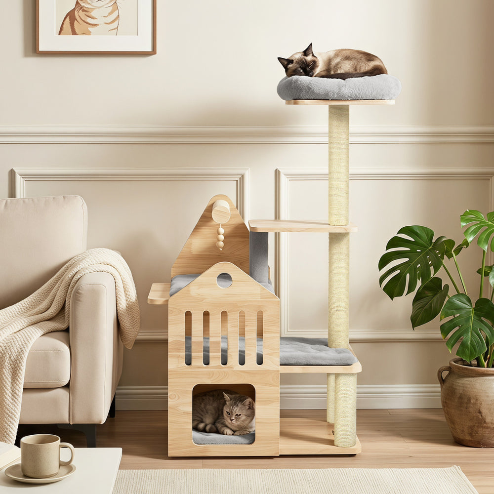 48.5" Multi-Level Solid Wood Cat Tree for Indoor Cats with Padded Top Perch Cat Condo and Sisal Scratching Posts-Gray - Gallery View 1 of 11