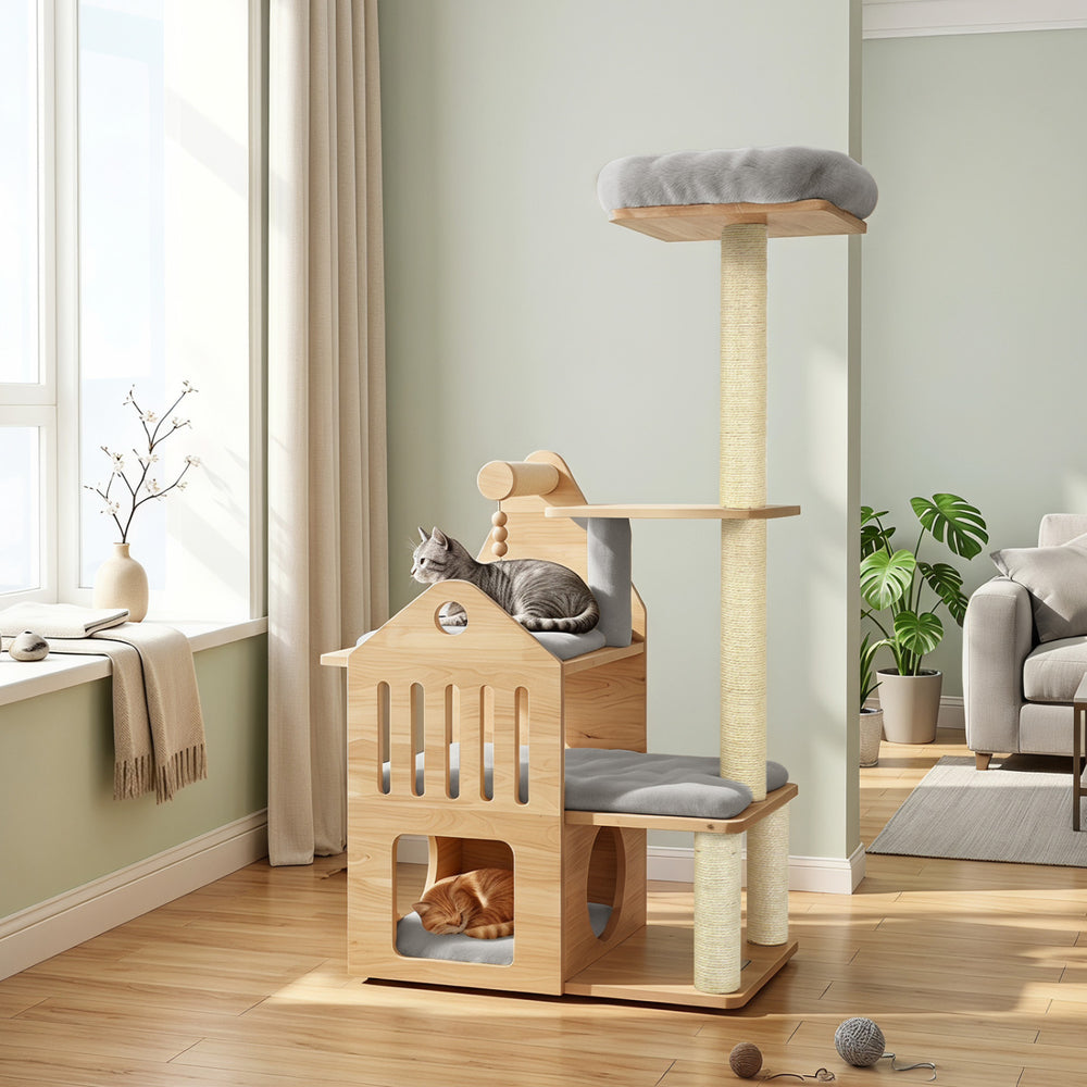 Solid rubber wood cat tree with a cozy cat condo, three entry holes, and sisal scratching posts for indoor cats' play.