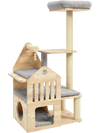 Multi-level solid wood cat tree with padded perch, condo, and sisal scratching posts for indoor cats' play and rest.