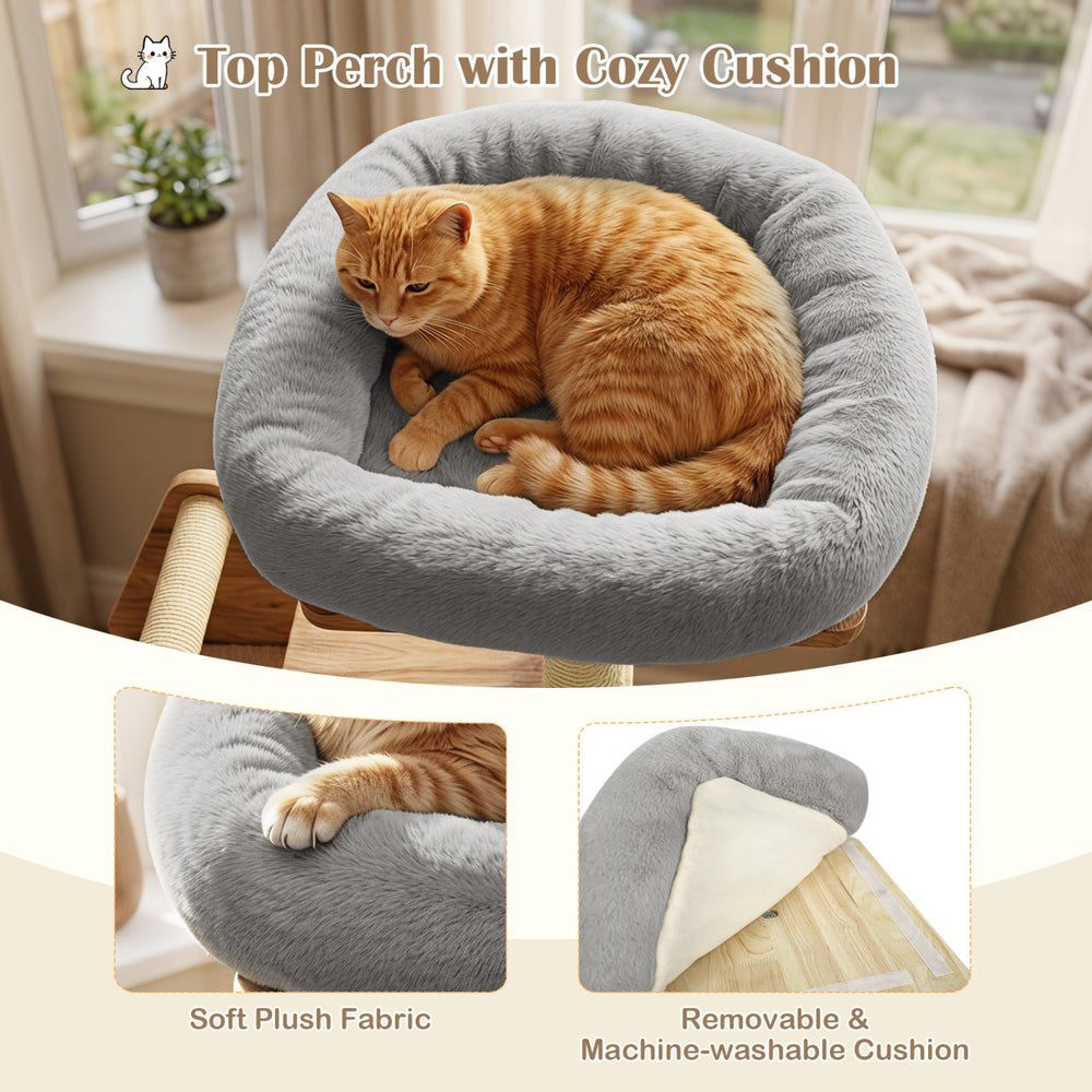 Cozy padded top perch for the 48.5" multi-level solid wood cat tree, perfect for indoor cats to relax and survey their surroundings.