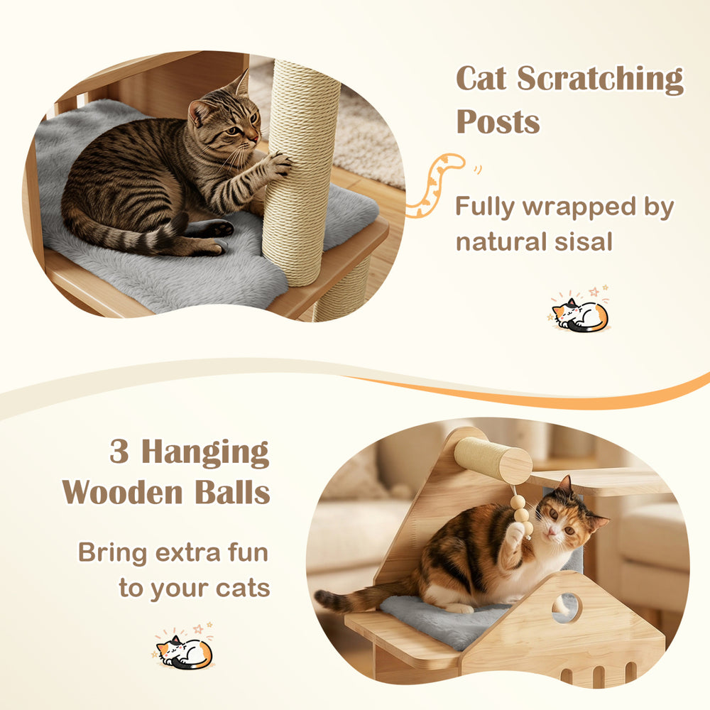 Multi-level cat tree with padded perch, sisal scratching posts, and three hanging wooden balls for indoor cat play.