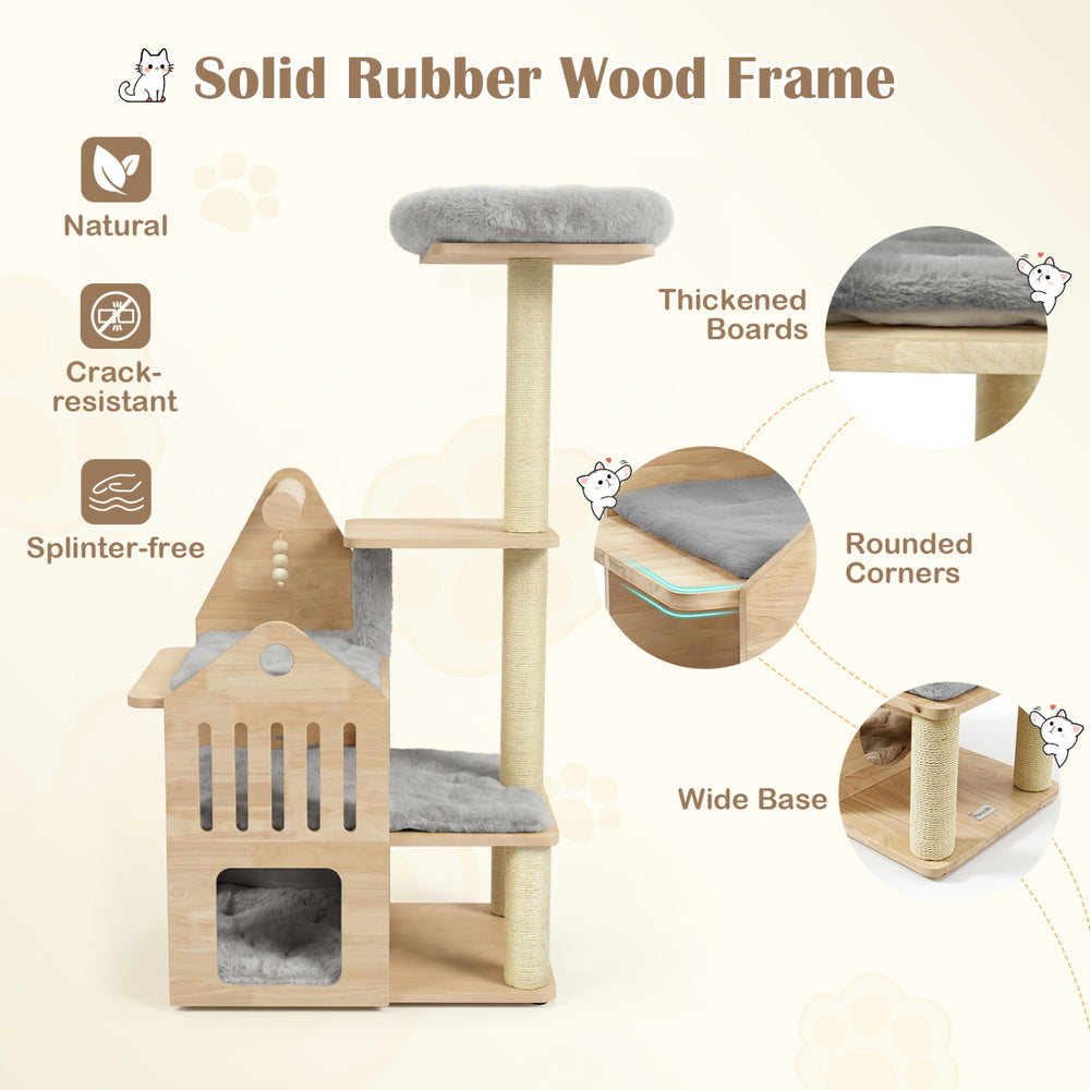 Multi-level solid wood cat tree features a padded top perch, sisal scratching posts, and a cozy cat condo for indoor cats.