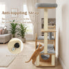 Multi-level solid wood cat tree with padded perch, sisal scratching posts, and anti-toppling strap for indoor cats.