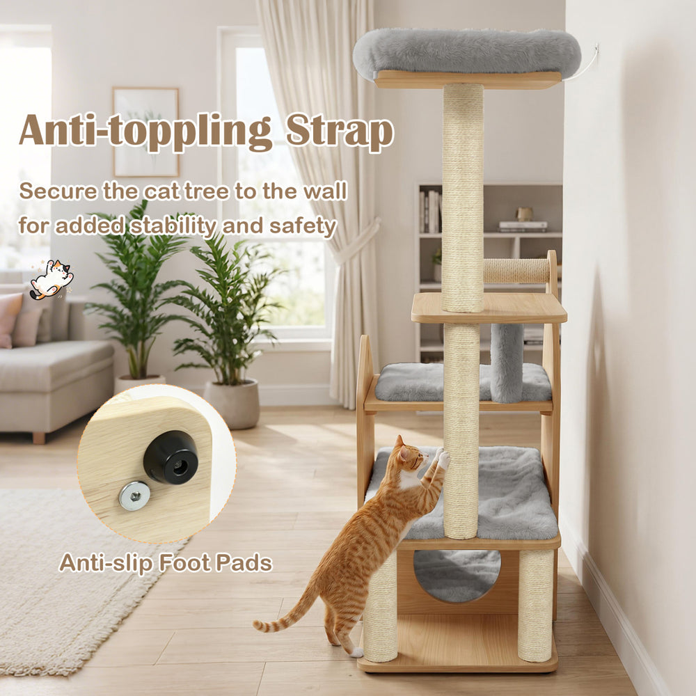 Multi-level solid wood cat tree with padded perch, sisal scratching posts, and anti-toppling strap for indoor cats.