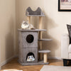 Multi-level 48.5-inch gray cat tree with dual condos, three hideaway caves, and plush fabric for large cats.