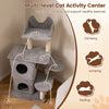 Multi-level cat tree in gray with dual condos, sisal scratching posts, and plush fabric for large cats' play and rest.