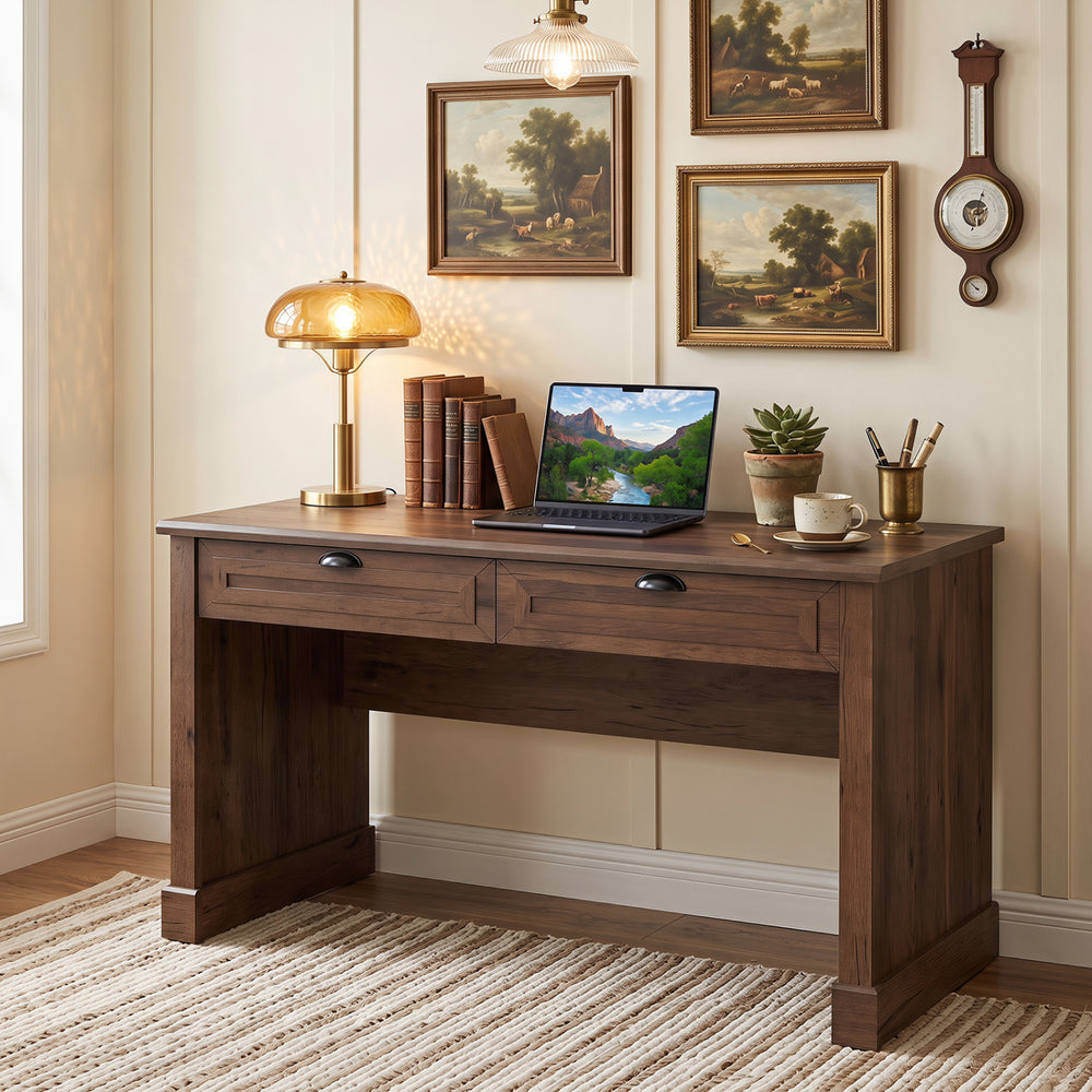 Farmhouse executive desk with two drawers, spacious tabletop, and stable base, perfect for home office organization.