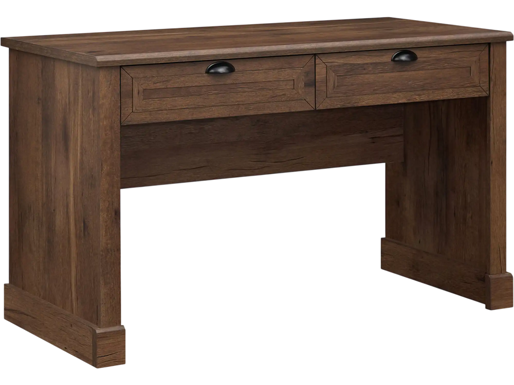Farmhouse executive desk with a spacious tabletop and two drawers for organizing office supplies and enhancing workspace comfort.