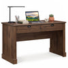 Farmhouse executive desk with a rich wood finish, featuring two drawers and ample tabletop space for efficient work organization.