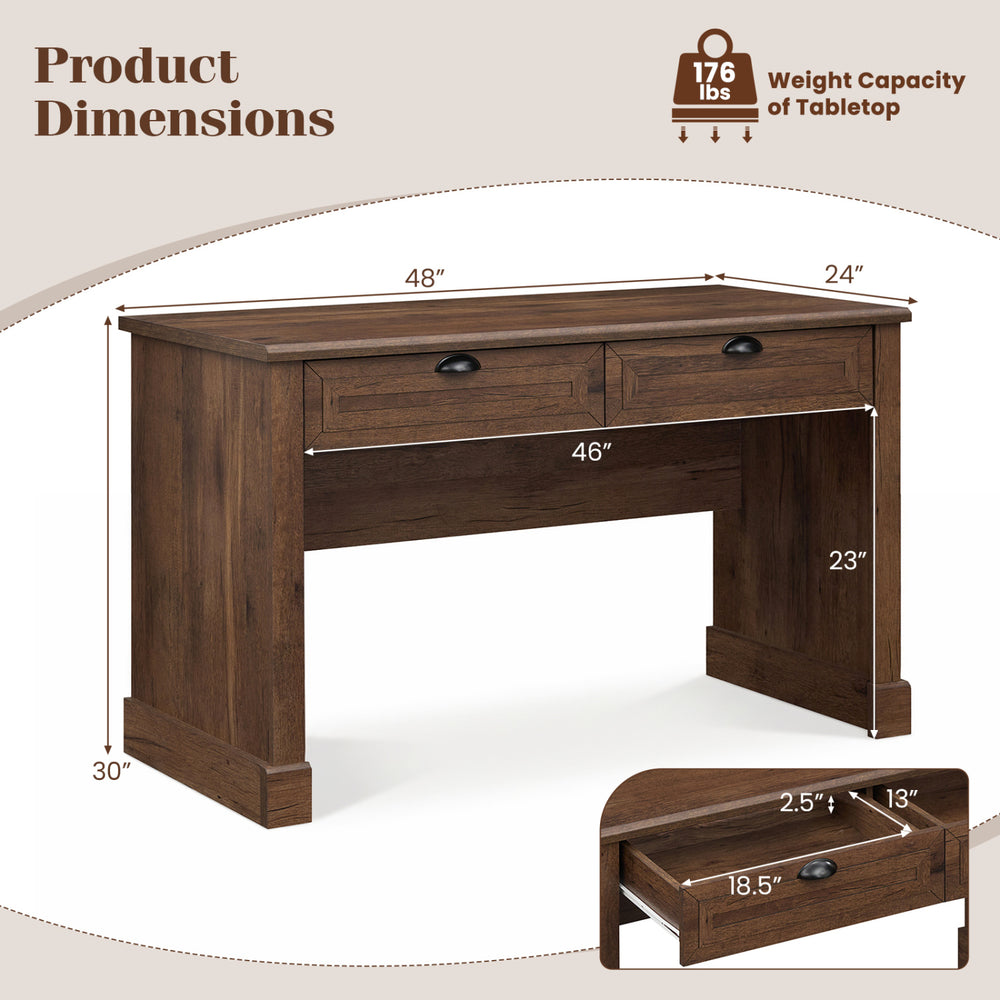 Farmhouse executive desk with a spacious 48" tabletop, two drawers for storage, and ample under-desk space for comfort.