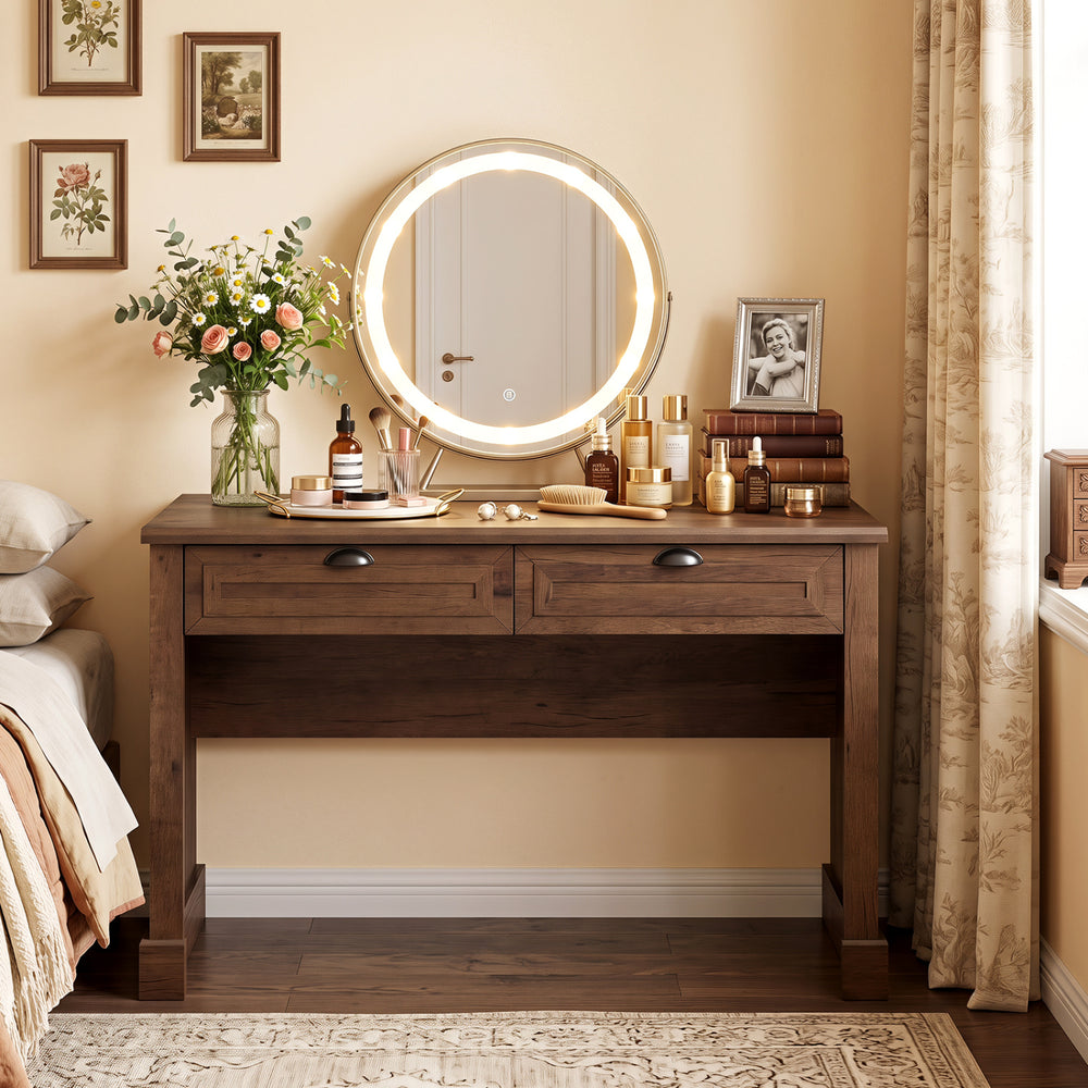 Farmhouse executive desk with two drawers, spacious tabletop, and stable base, perfect for a study or makeup table.