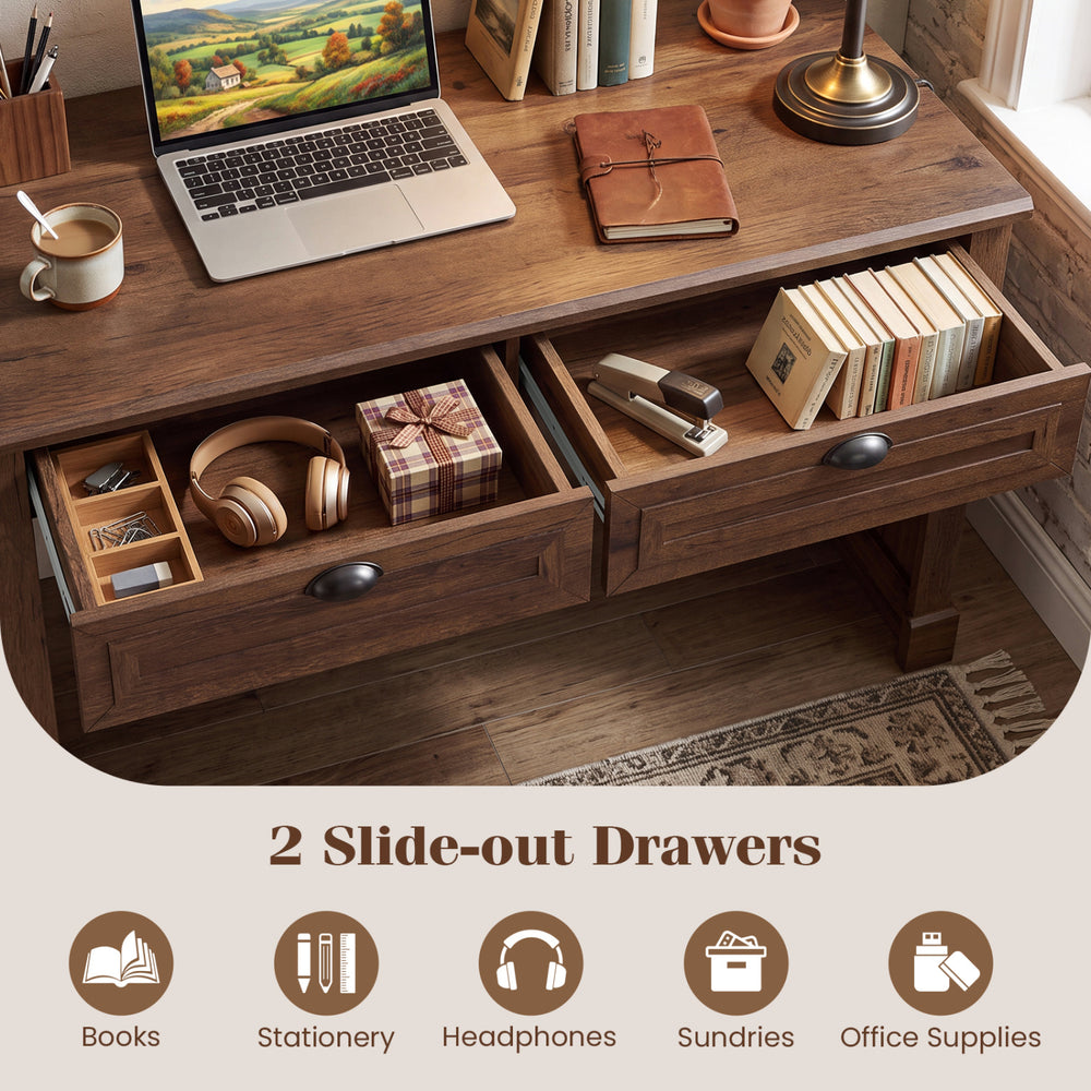 48" farmhouse executive desk featuring 2 slide-out drawers for organizing books, stationery, and office supplies.