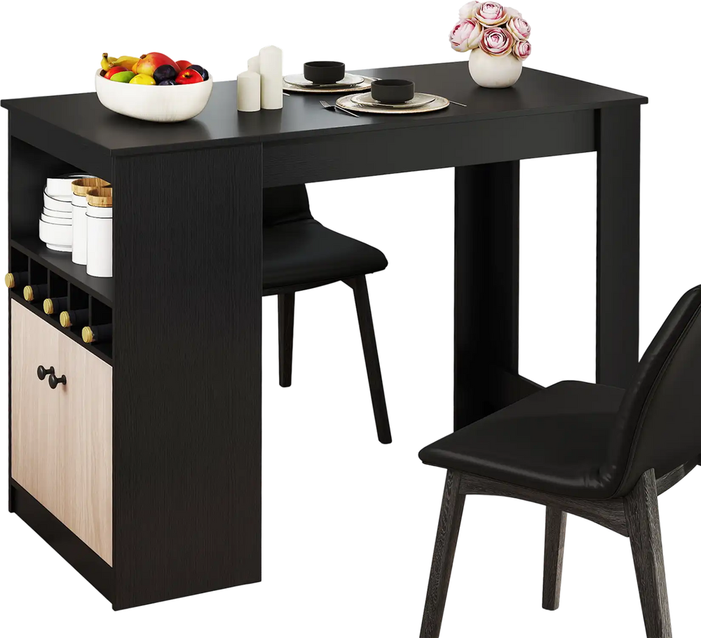 Black 48-inch bar table with storage cabinet, wine rack, and adjustable shelf, perfect for home or café use.