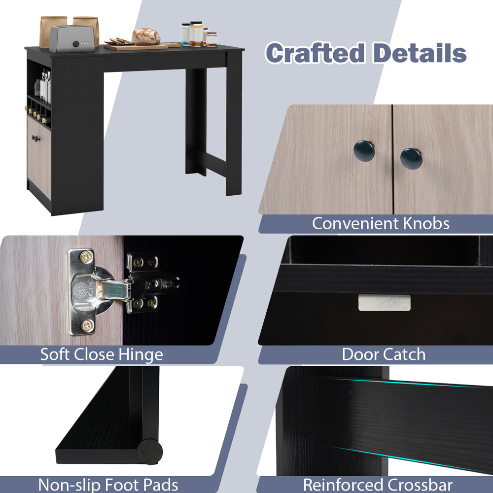 Close-up of the 48-inch black bar table showing convenient knobs, soft close hinge, and non-slip foot pads for.