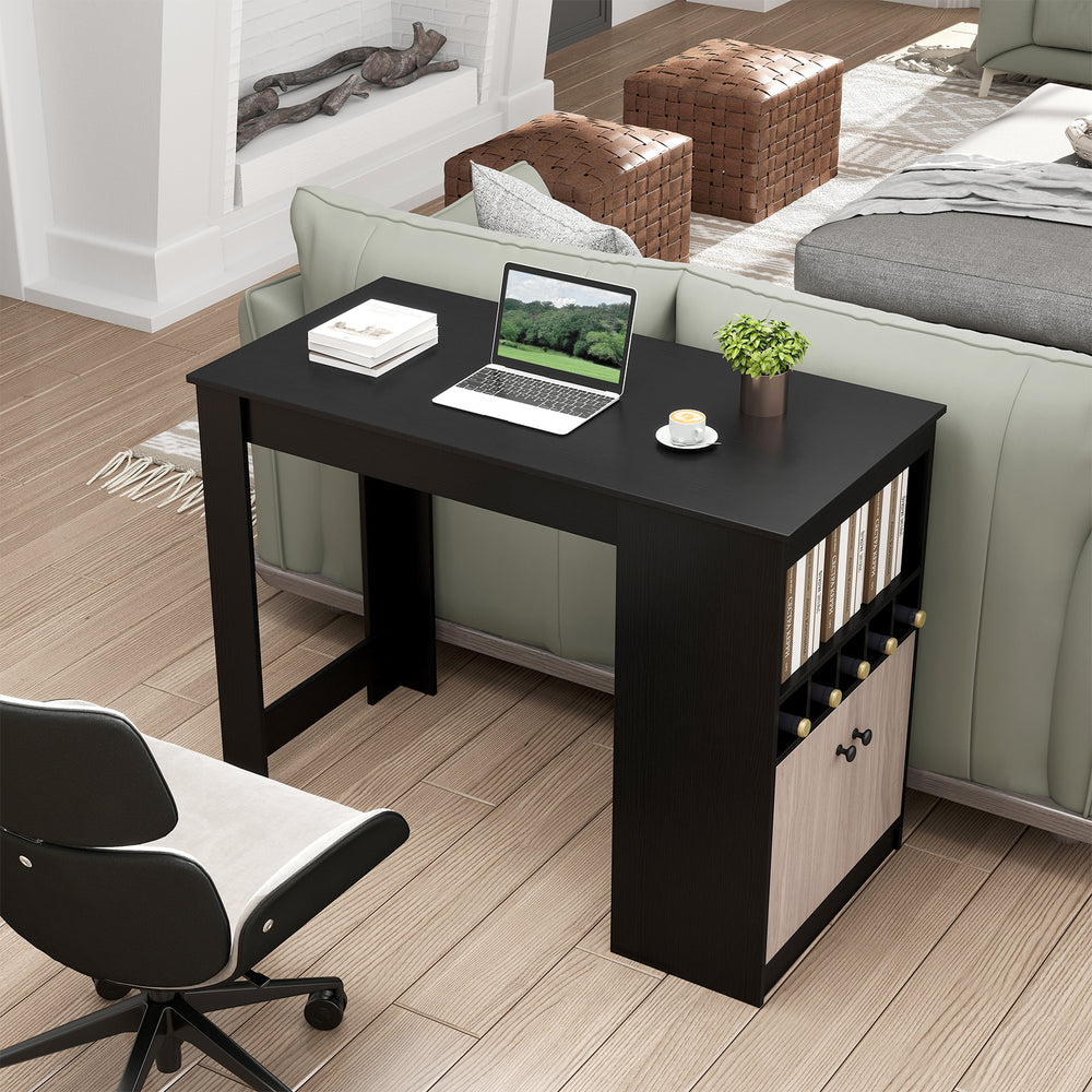 48-inch black bar table featuring a storage cabinet, wine rack, and adjustable shelf, ideal for home or café use.