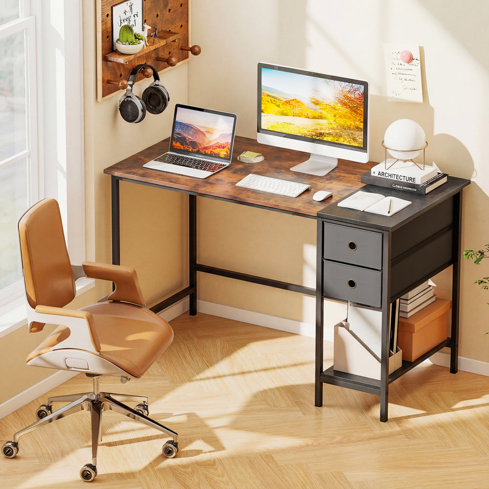 48 Inch Computer Desk with 2 Fabric Drawers Industrial Home Office Desk-Rustic Brown - Gallery View 1 of 10
