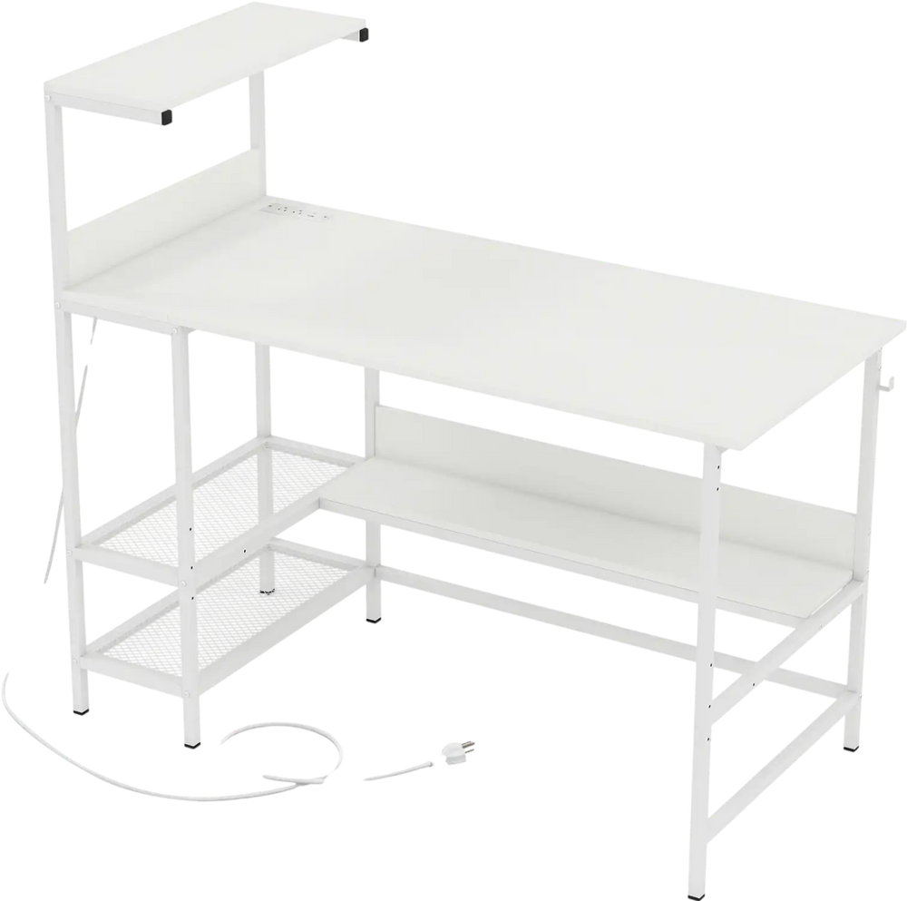 48-inch white computer desk with power outlets, raised shelf, and metal mesh storage for organized workspace.