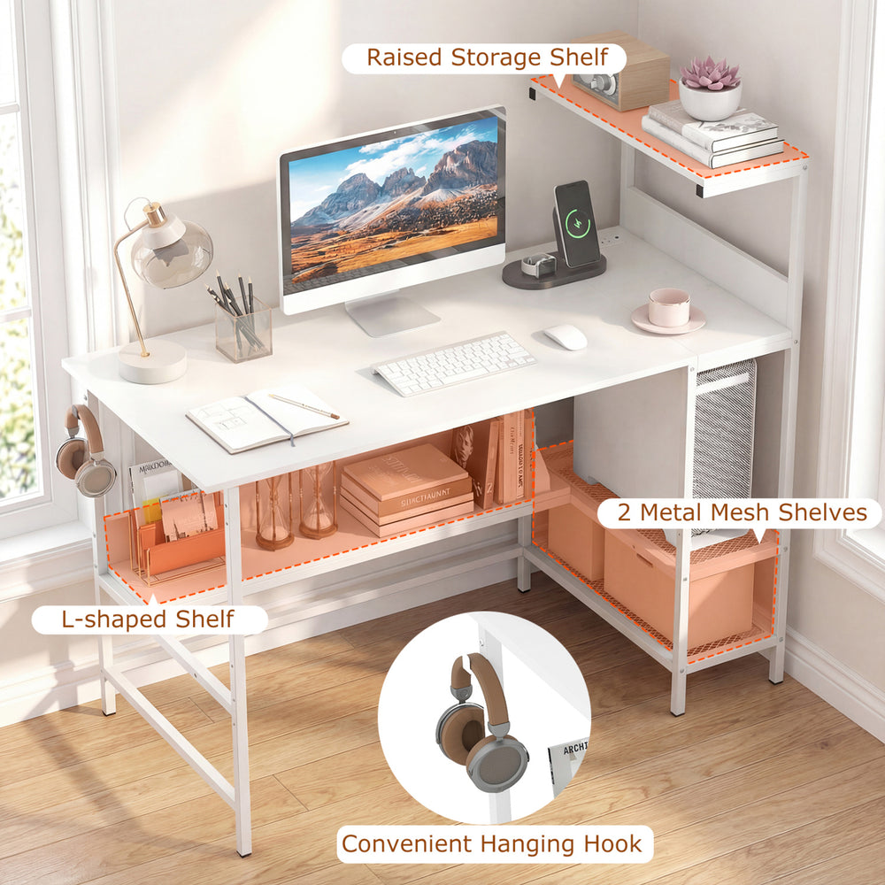 L-shaped 48-inch computer desk in white with power outlets, raised shelf, and convenient headphone hook for efficient.