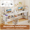 L-shaped 48-inch computer desk in white with power outlets, storage shelves, and reversible installation for versatile.