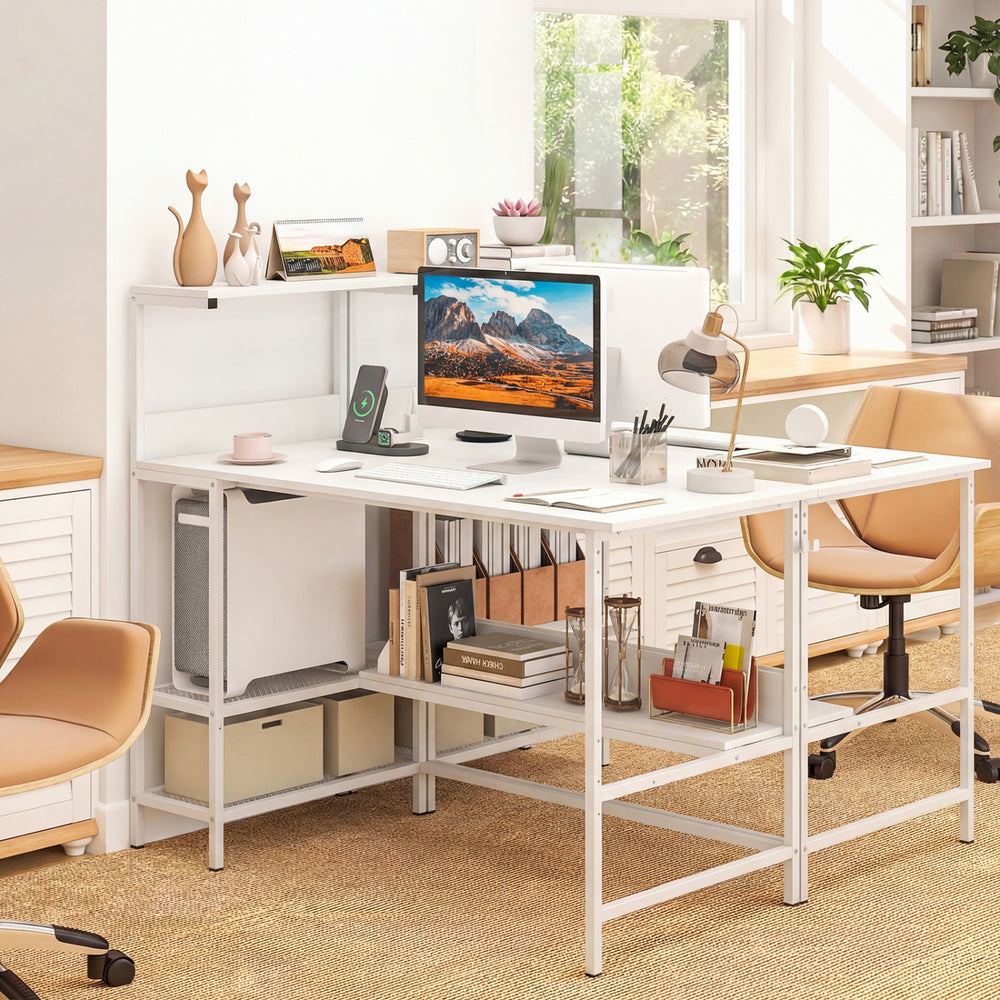 L-shaped 48-inch white computer desk with power outlets, storage shelves, and a convenient hanging hook for.