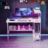 48-inch white computer desk featuring built-in power outlets, raised storage shelf, and metal mesh shelves for.