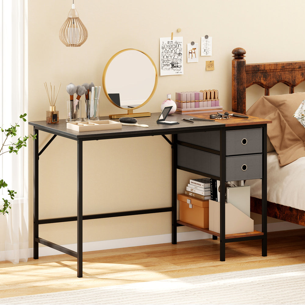 48-inch black computer desk with 2 fabric drawers and open shelf, ideal for home office or study setup.