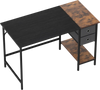 48-inch black computer desk with a rustic two-toned tabletop, featuring two fabric drawers and an open shelf for.