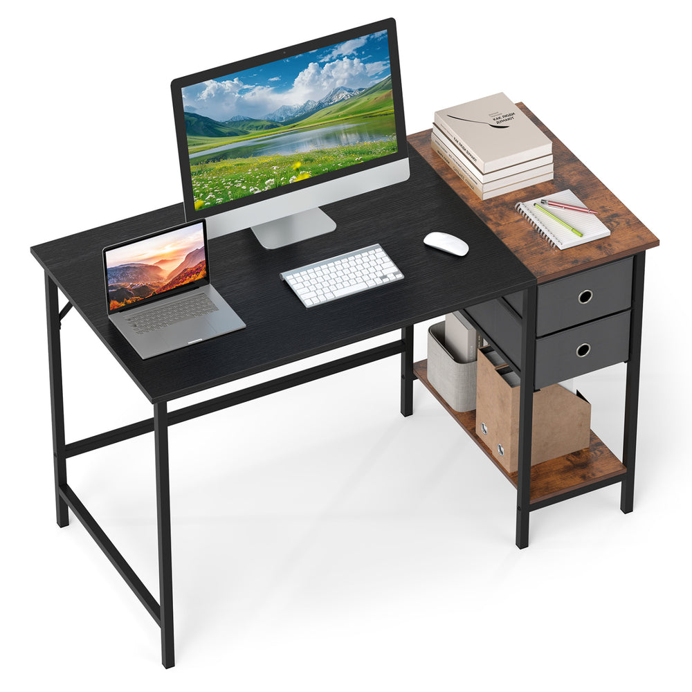 48-inch black computer desk with 2 fabric drawers, open shelf, and stylish 2-toned tabletop for home office use.