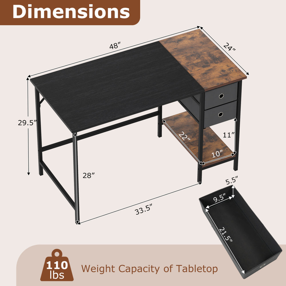 Dimension chart of 48-inch black computer desk with two fabric drawers, showcasing size and weight capacity for optimal.