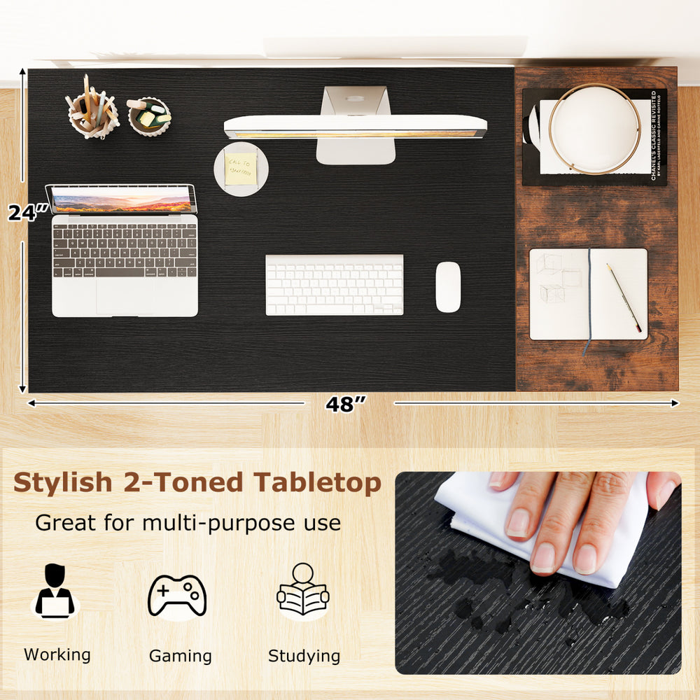48-inch black computer desk with a stylish 2-toned tabletop, featuring two fabric drawers for multi-purpose use.