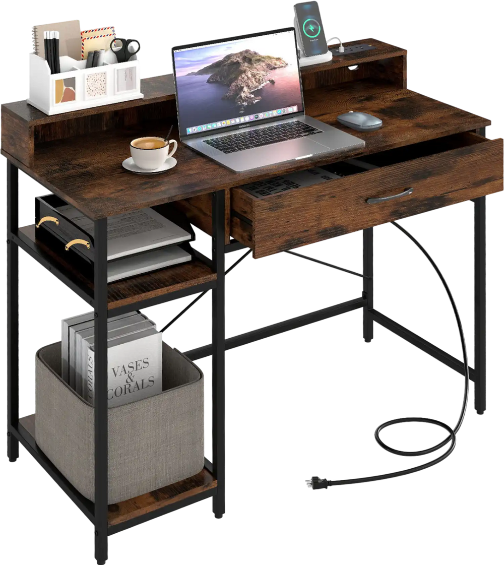 48-inch rustic brown computer desk with monitor stand, drawer, and shelves for ergonomic workspace organization.