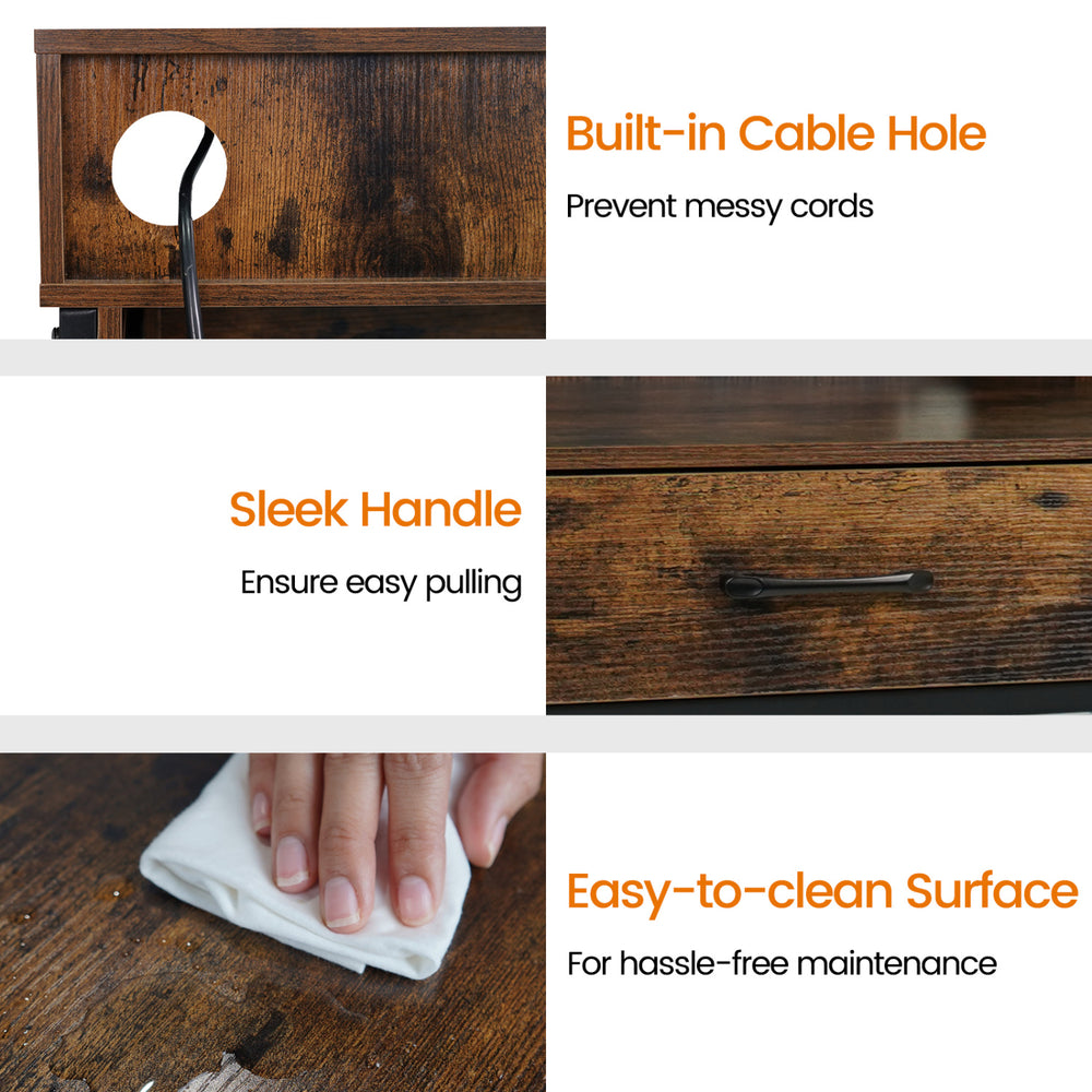 Close-up of the 48-inch rustic brown computer desk showcasing the built-in cable hole for tidy cord management.