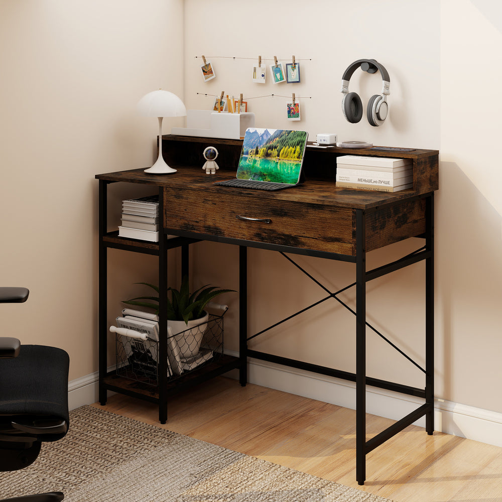 Rustic brown 48-inch computer desk showcasing the X-shaped metal frame and spacious tabletop for versatile use.
