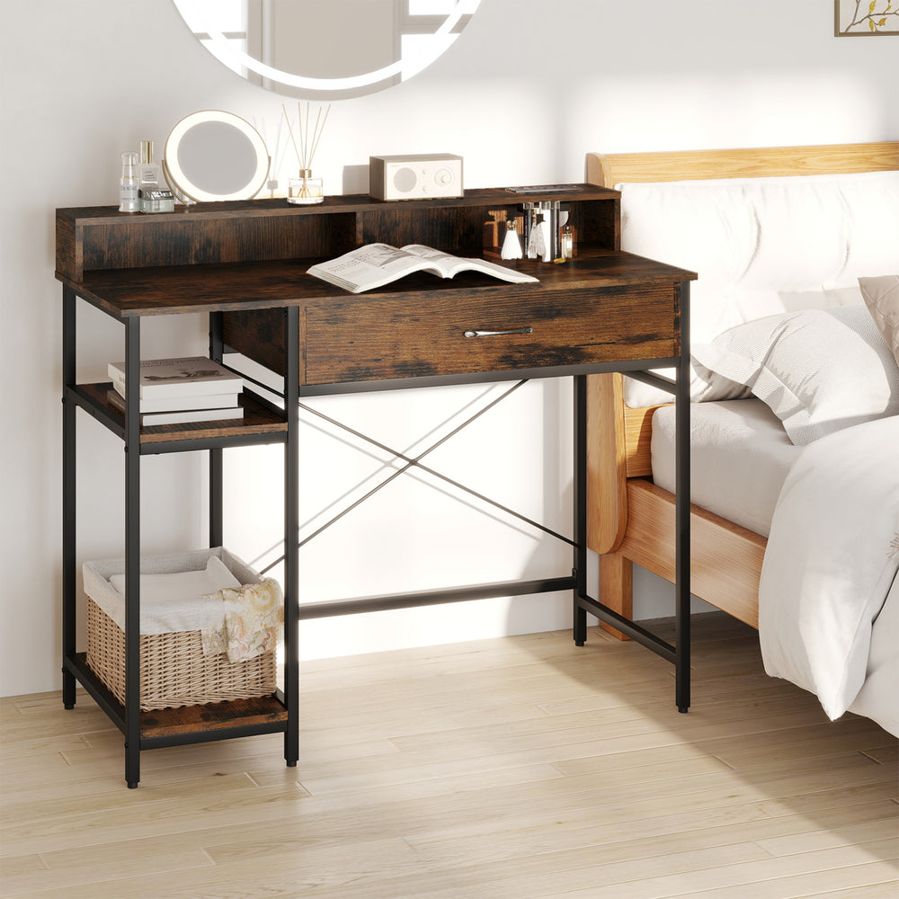 Rustic brown 48-inch computer desk with monitor stand, drawer, and shelves, ideal for workspace organization.