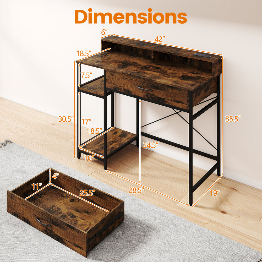 48-inch rustic brown computer desk with monitor stand, drawer, and shelves, showcasing dimensions for workspace.