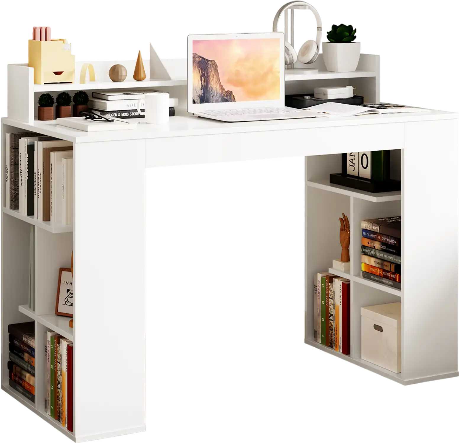 Costway Computer Desk w/ Dual 3-Tier Bookshelf & Monitor Shelf White 93418627 New