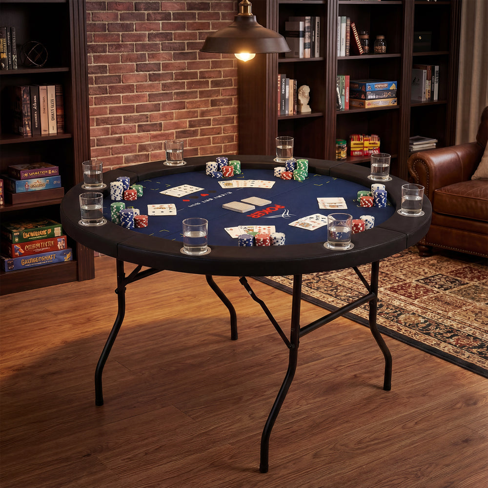 48 Inch Foldable Poker Table with 8 Cup Holders and Padded Edges-Blue - Gallery View 1 of 10